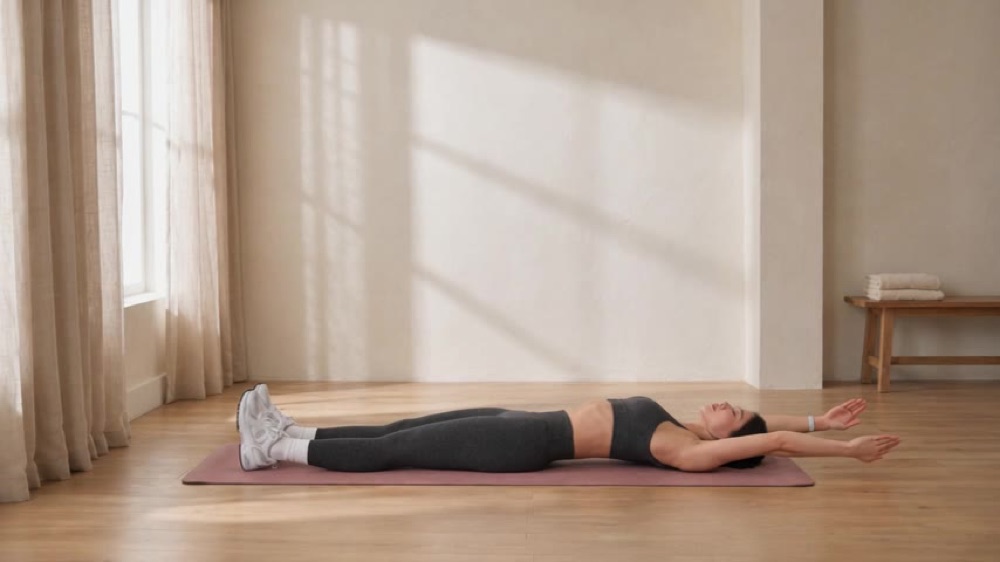 A guided Matelle Pilates exercise in the same warm home studio